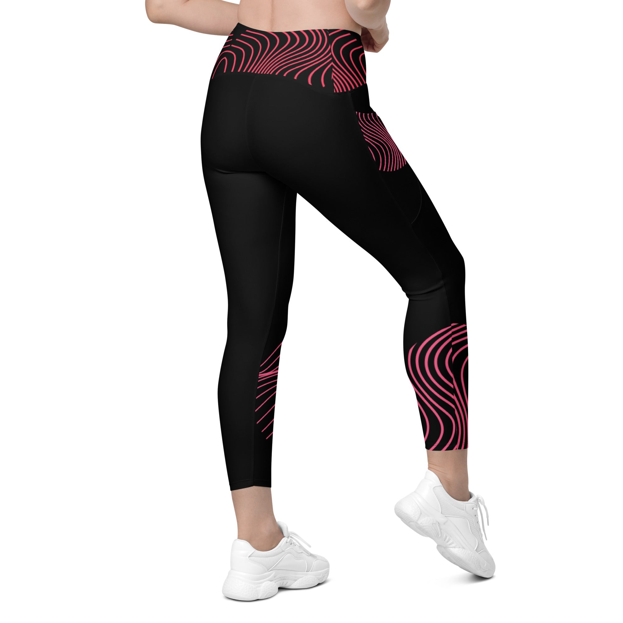 Black crossover leggings with pockets- activewear for gym girls. Fitness or yoga pants. RippleFX by WickedYo.